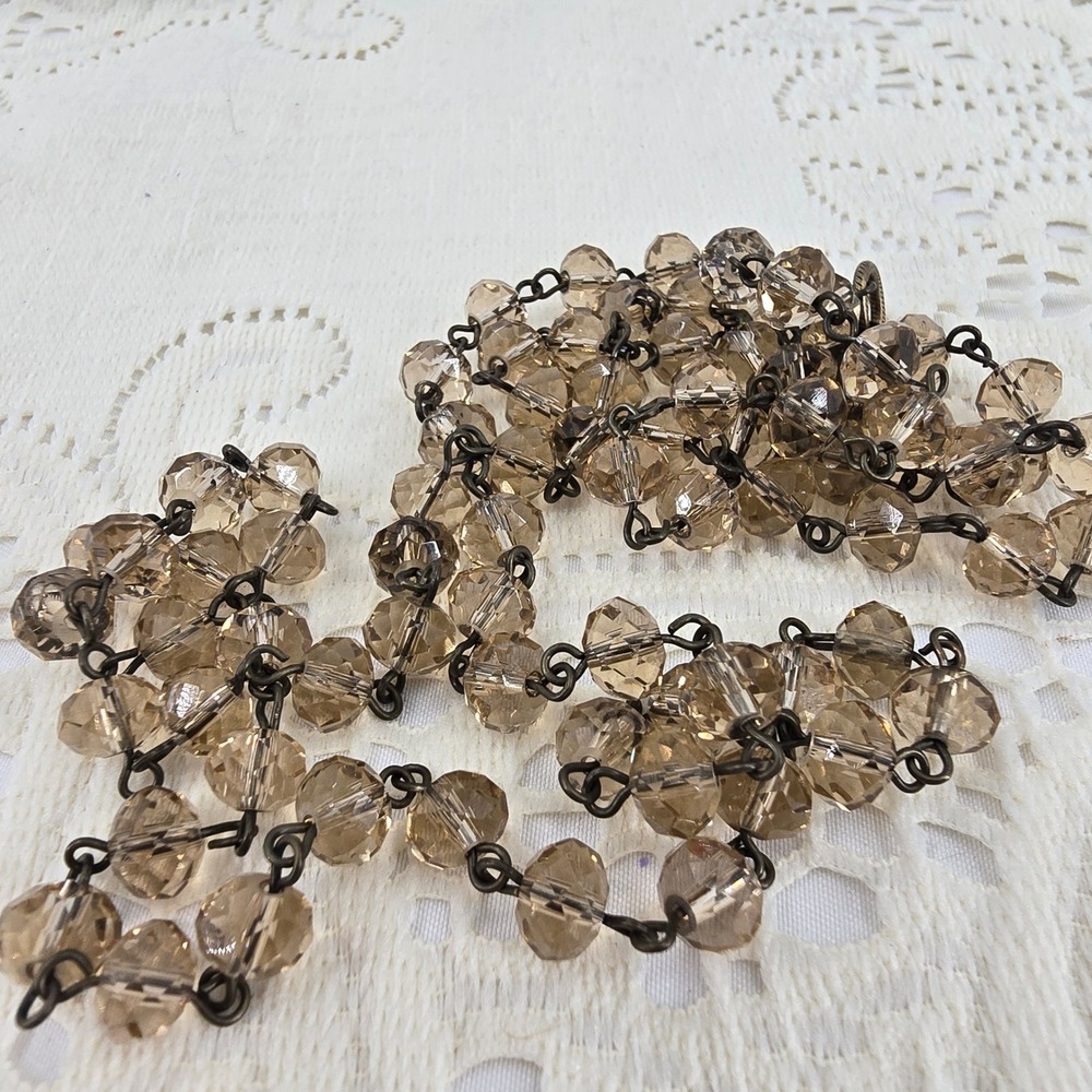 Champagne Faceted Glass Bead Long Station Necklace Bronze Tone 36 Inch